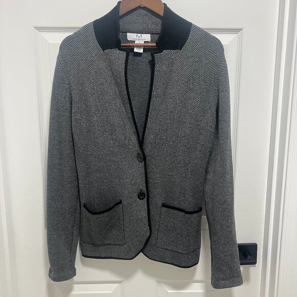 Magaschoni Ponte Knit Cardigan Blazer Size Small Black Gray Herringbone Jacket - Picture 1 of 7